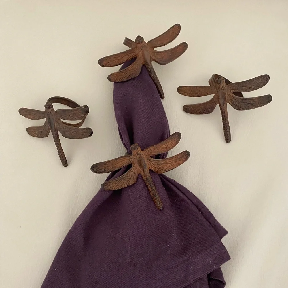 Set of Four Iron Dragonfly Napkin Rings – Elegant Table Décor